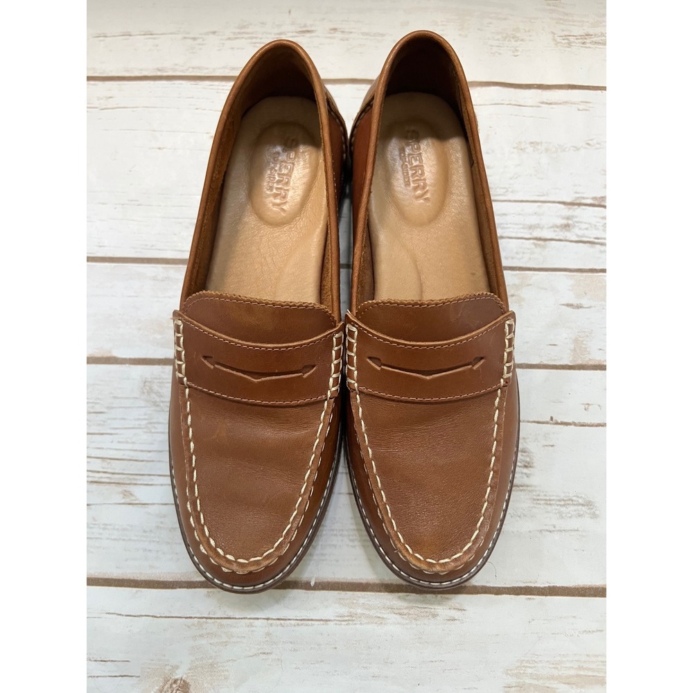 Sperry Seaport Penny Loafer Tan Leather Contrast Stitch STS85787 Size 7 - Picture 2 of 6